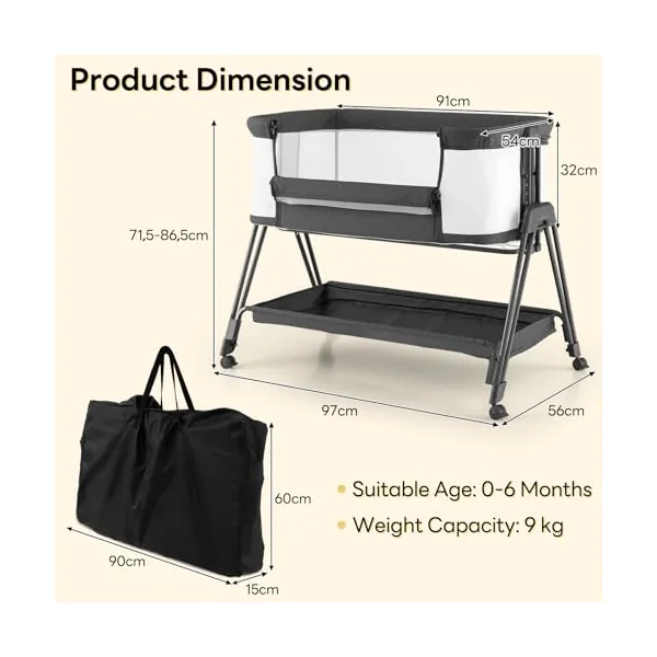 GYMAX Baby Bedside Crib, Foldable Infant Side Cot (Gray) | Carry Bag, Storage Basket Mattress and Wheels, Height Adjustable Toddler Co-Sleeping Bed
