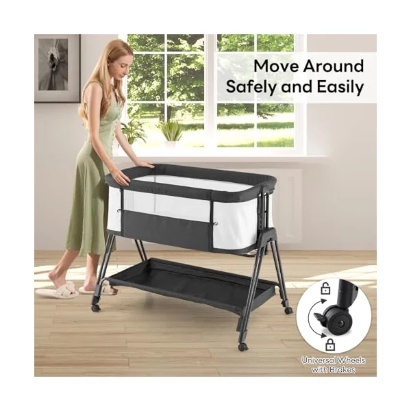 GYMAX Baby Bedside Crib, Foldable Infant Side Cot (Gray) | Carry Bag, Storage Basket Mattress and Wheels, Height Adjustable Toddler Co-Sleeping Bed