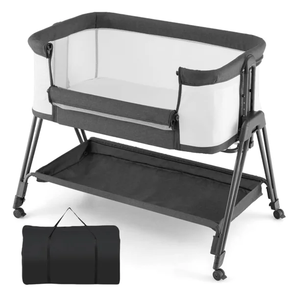 GYMAX Baby Bedside Crib, Foldable Infant Side Cot (Gray) | Carry Bag, Storage Basket Mattress and Wheels, Height Adjustable Toddler Co-Sleeping Bed