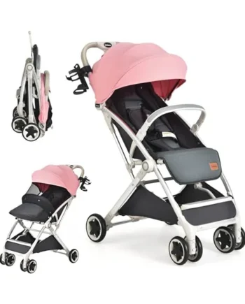 GYMAX Baby Foldable Stroller with Safety Belt, Storage Basket(Pink) | Adjustable Backrest Pushchair with Leather Handle and Lockable Wheels, Toddler Pram Carriage for 0-3 Years Olds Infant Kids