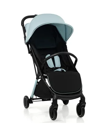 GYMAX Foldable Baby Stroller, Portable Baby Pushchair with One Hand Folding, 5-Point Safe Belt, Lockable Wheel, Adjustable Footrest, Canopy & Backrest, Travel Toddler Buggy for 0-3 Years Old (Blue)