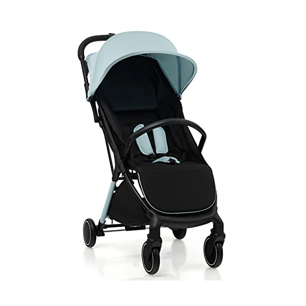 GYMAX Foldable Baby Stroller, Portable Baby Pushchair with One Hand Folding, 5-Point Safe Belt, Lockable Wheel, Adjustable Footrest, Canopy & Backrest, Travel Toddler Buggy for 0-3 Years Old (Blue)