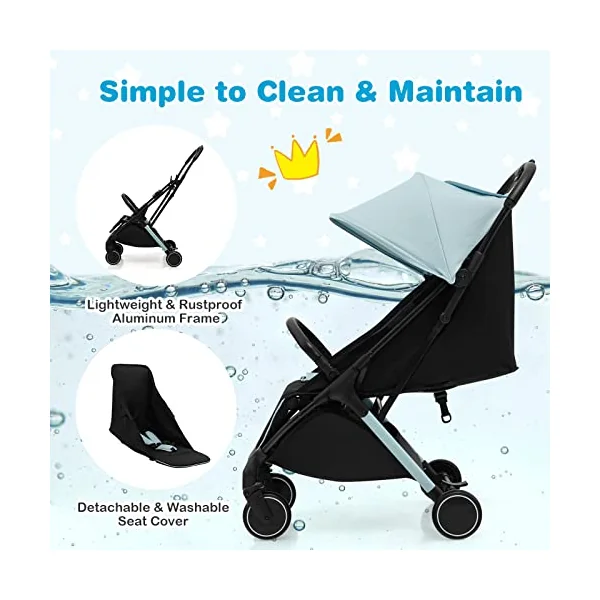 GYMAX Foldable Baby Stroller, Portable Baby Pushchair with One Hand Folding, 5-Point Safe Belt, Lockable Wheel, Adjustable Footrest, Canopy & Backrest, Travel Toddler Buggy for 0-3 Years Old (Blue)