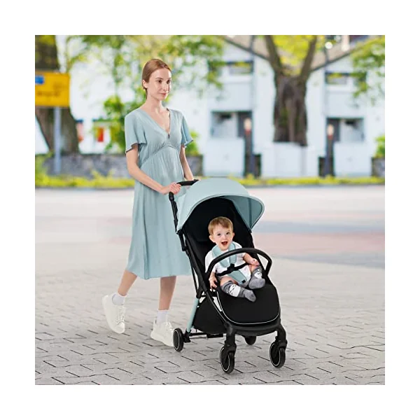 GYMAX Foldable Baby Stroller, Portable Baby Pushchair with One Hand Folding, 5-Point Safe Belt, Lockable Wheel, Adjustable Footrest, Canopy & Backrest, Travel Toddler Buggy for 0-3 Years Old (Blue)