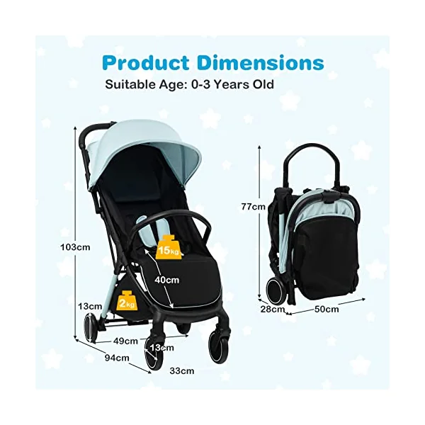 GYMAX Foldable Baby Stroller, Portable Baby Pushchair with One Hand Folding, 5-Point Safe Belt, Lockable Wheel, Adjustable Footrest, Canopy & Backrest, Travel Toddler Buggy for 0-3 Years Old (Blue)