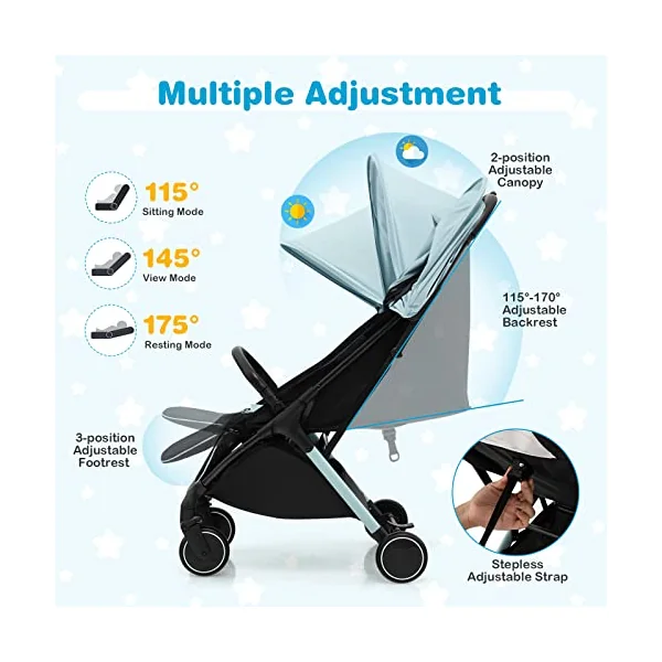 GYMAX Foldable Baby Stroller, Portable Baby Pushchair with One Hand Folding, 5-Point Safe Belt, Lockable Wheel, Adjustable Footrest, Canopy & Backrest, Travel Toddler Buggy for 0-3 Years Old (Blue)