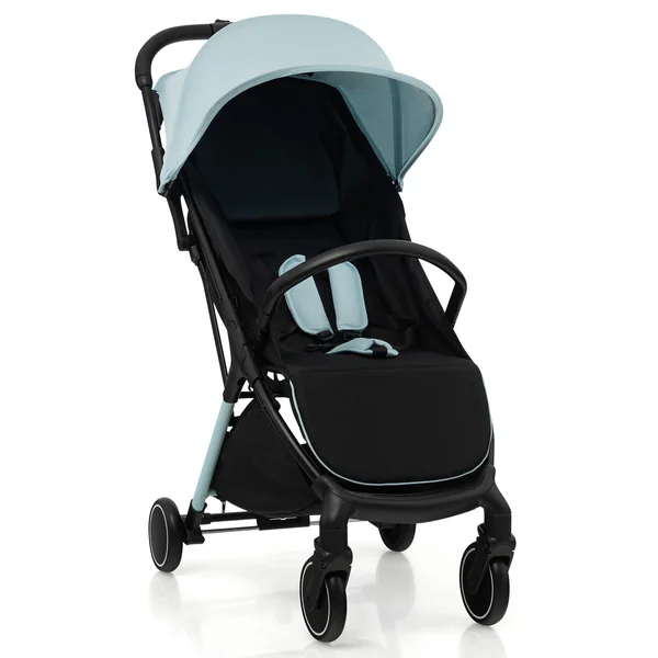 GYMAX Foldable Baby Stroller, Portable Baby Pushchair with One Hand Folding, 5-Point Safe Belt, Lockable Wheel, Adjustable Footrest, Canopy & Backrest, Travel Toddler Buggy for 0-3 Years Old (Blue)