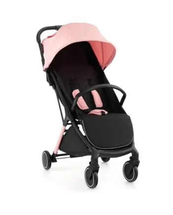 GYMAX Foldable Baby Stroller, Portable Baby Pushchair with One Hand Folding, 5-Point Safe Belt, Lockable Wheel, Adjustable Footrest, Canopy & Backrest, Travel Toddler Buggy for 0-3 Years Old (Pink)