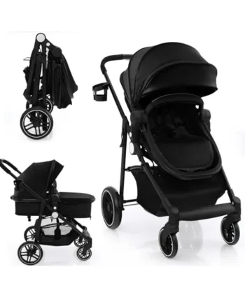 GYMAX Foldable Baby Stroller with Adjustable Backrest & Canopy (Black) | Foldable Toddler Pushchair with Storage Bag and Detachable Foot Cover, Pram Carriage for 0-3 Years Old Infant Kids