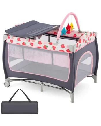 GYMAX Folding Travel Cot, 4 in 1 Baby Bed Playard (Grey+Strawberry Pink) | Diaper Changer, Mattress, Hanging Toys, Storage Pockets & Carry Bag, Infant Bassinet Nursery Center for Newborn