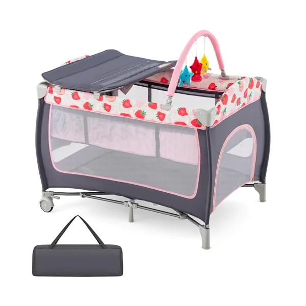 GYMAX Folding Travel Cot, 4 in 1 Baby Bed Playard (Grey+Strawberry Pink) | Diaper Changer, Mattress, Hanging Toys, Storage Pockets & Carry Bag, Infant Bassinet Nursery Center for Newborn