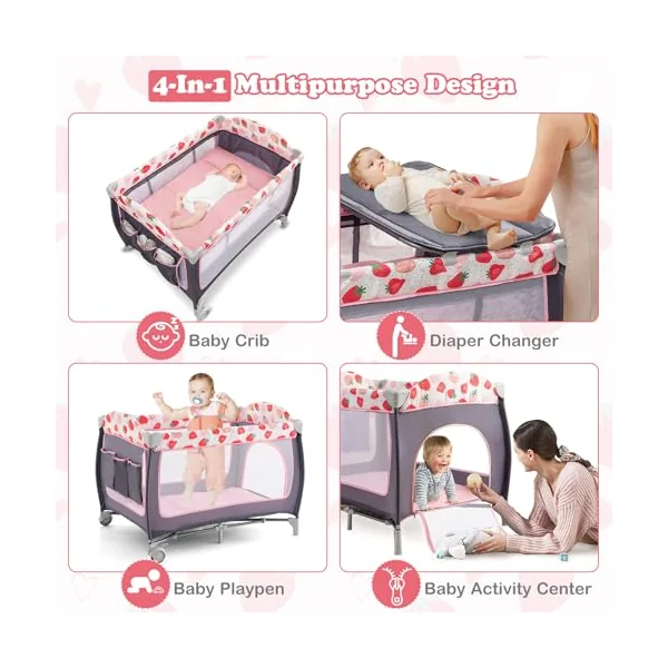GYMAX Folding Travel Cot, 4 in 1 Baby Bed Playard (Grey+Strawberry Pink) | Diaper Changer, Mattress, Hanging Toys, Storage Pockets & Carry Bag, Infant Bassinet Nursery Center for Newborn
