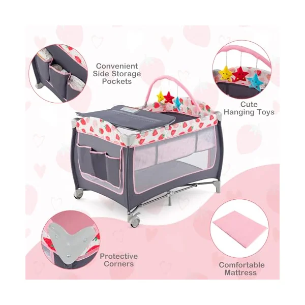 GYMAX Folding Travel Cot, 4 in 1 Baby Bed Playard (Grey+Strawberry Pink) | Diaper Changer, Mattress, Hanging Toys, Storage Pockets & Carry Bag, Infant Bassinet Nursery Center for Newborn
