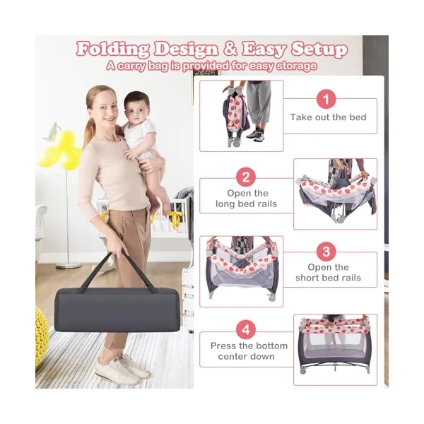 GYMAX Folding Travel Cot, 4 in 1 Baby Bed Playard (Grey+Strawberry Pink) | Diaper Changer, Mattress, Hanging Toys, Storage Pockets & Carry Bag, Infant Bassinet Nursery Center for Newborn