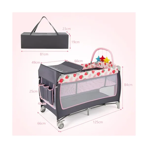 GYMAX Folding Travel Cot, 4 in 1 Baby Bed Playard (Grey+Strawberry Pink) | Diaper Changer, Mattress, Hanging Toys, Storage Pockets & Carry Bag, Infant Bassinet Nursery Center for Newborn