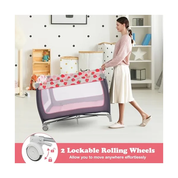 GYMAX Folding Travel Cot, 4 in 1 Baby Bed Playard (Grey+Strawberry Pink) | Diaper Changer, Mattress, Hanging Toys, Storage Pockets & Carry Bag, Infant Bassinet Nursery Center for Newborn