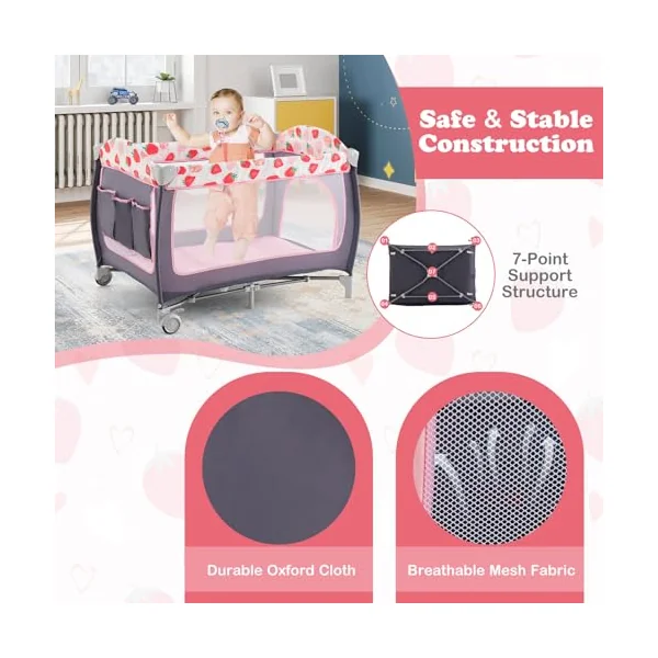 GYMAX Folding Travel Cot, 4 in 1 Baby Bed Playard (Grey+Strawberry Pink) | Diaper Changer, Mattress, Hanging Toys, Storage Pockets & Carry Bag, Infant Bassinet Nursery Center for Newborn