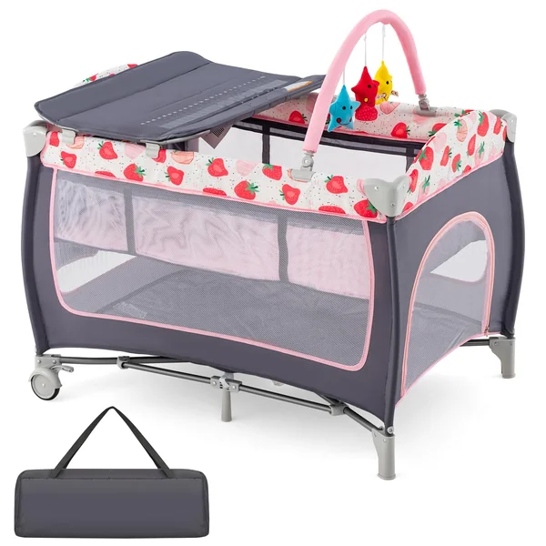 GYMAX Folding Travel Cot, 4 in 1 Baby Bed Playard (Grey+Strawberry Pink) | Diaper Changer, Mattress, Hanging Toys, Storage Pockets & Carry Bag, Infant Bassinet Nursery Center for Newborn