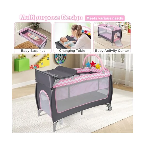 GYMAX Folding Travel Cot, 4 in 1 Portable Baby Bed Playard, Diaper Changer, Mattress, Hanging Toys, Storage Pockets & Carry Bag, Infant Bassinet Nursery Center for Newborn (Grey+Pink)