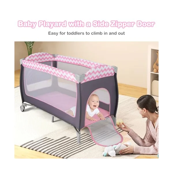 GYMAX Folding Travel Cot, 4 in 1 Portable Baby Bed Playard, Diaper Changer, Mattress, Hanging Toys, Storage Pockets & Carry Bag, Infant Bassinet Nursery Center for Newborn (Grey+Pink)