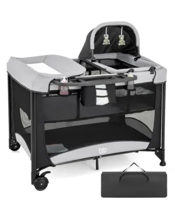 GYMAX Folding Travel Cot, 5 in 1 Portable Baby Bed Playard (Black) | Diaper Changer, Mattress, Hanging Toys, Storage Pockets & Carry Bag, Infant Bassinet Nursery Center for Newborn