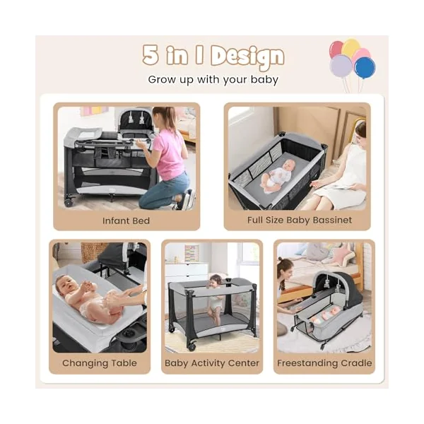 GYMAX Folding Travel Cot, 5 in 1 Portable Baby Bed Playard (Black) | Diaper Changer, Mattress, Hanging Toys, Storage Pockets & Carry Bag, Infant Bassinet Nursery Center for Newborn