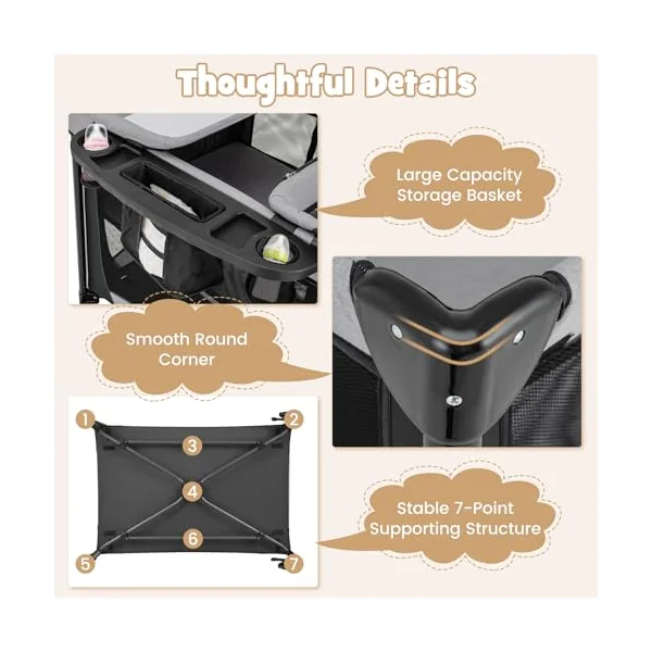 GYMAX Folding Travel Cot, 5 in 1 Portable Baby Bed Playard (Black) | Diaper Changer, Mattress, Hanging Toys, Storage Pockets & Carry Bag, Infant Bassinet Nursery Center for Newborn