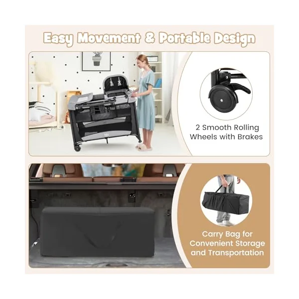 GYMAX Folding Travel Cot, 5 in 1 Portable Baby Bed Playard (Black) | Diaper Changer, Mattress, Hanging Toys, Storage Pockets & Carry Bag, Infant Bassinet Nursery Center for Newborn