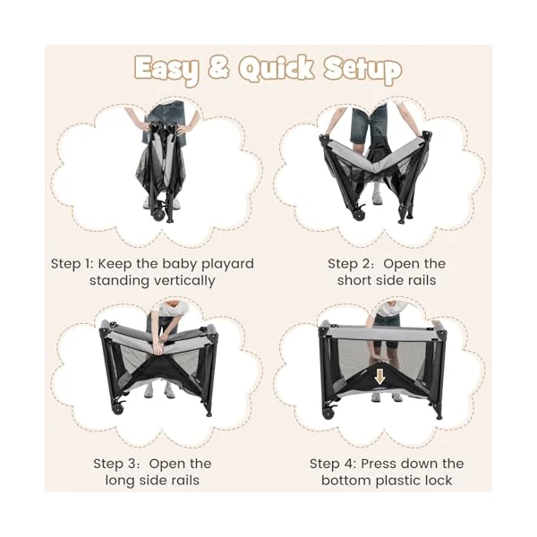 GYMAX Folding Travel Cot, 5 in 1 Portable Baby Bed Playard (Black) | Diaper Changer, Mattress, Hanging Toys, Storage Pockets & Carry Bag, Infant Bassinet Nursery Center for Newborn