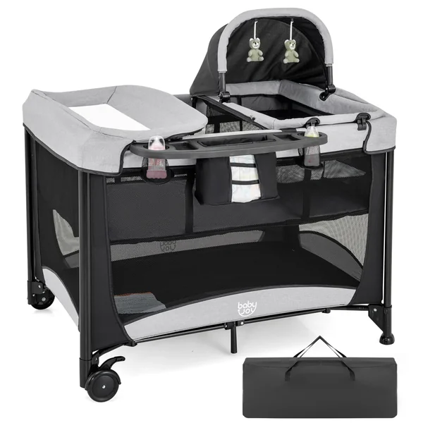 GYMAX Folding Travel Cot, 5 in 1 Portable Baby Bed Playard (Black) | Diaper Changer, Mattress, Hanging Toys, Storage Pockets & Carry Bag, Infant Bassinet Nursery Center for Newborn