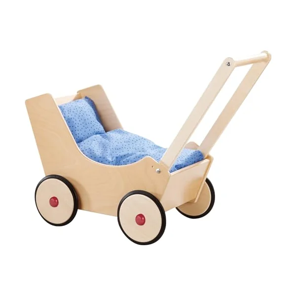 HABA Natural Doll Pram for Kids | Classic Wooden Pushchair With Smooth Wheels | Charming Dolly Stroller for Indoor Play | Lightweight Baby Carriage for Toddlers | Ideal Play Accessory for Playtime