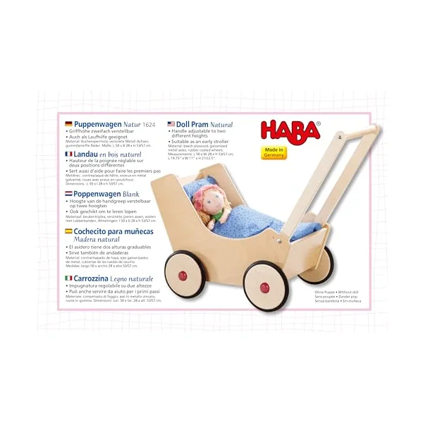 HABA Natural Doll Pram for Kids | Classic Wooden Pushchair With Smooth Wheels | Charming Dolly Stroller for Indoor Play | Lightweight Baby Carriage for Toddlers | Ideal Play Accessory for Playtime