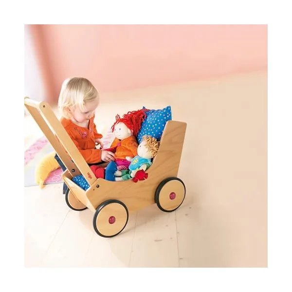 HABA Natural Doll Pram for Kids | Classic Wooden Pushchair With Smooth Wheels | Charming Dolly Stroller for Indoor Play | Lightweight Baby Carriage for Toddlers | Ideal Play Accessory for Playtime
