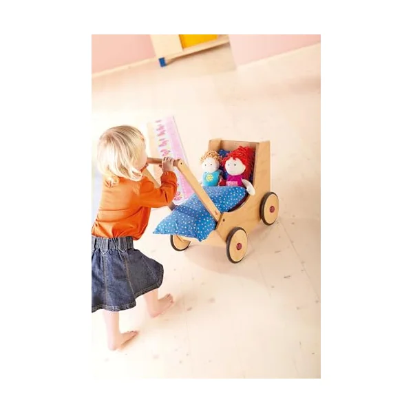 HABA Natural Doll Pram for Kids | Classic Wooden Pushchair With Smooth Wheels | Charming Dolly Stroller for Indoor Play | Lightweight Baby Carriage for Toddlers | Ideal Play Accessory for Playtime