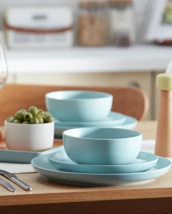 Habitat Matte Glaze 12 Piece Stoneware Dinner Set - Duck Egg