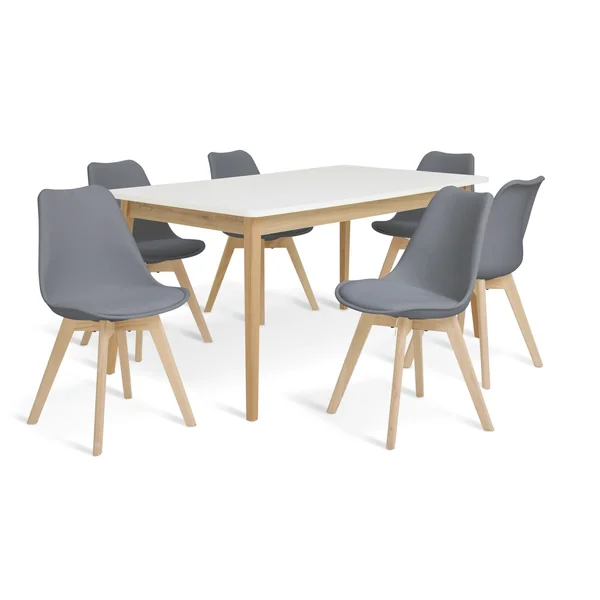 Habitat Sylas Extending White Dining Table & 6 Grey Chairs