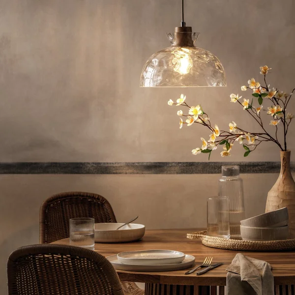 Habitat Vanern Dimple Glass & Wood Pendant Light - Clear