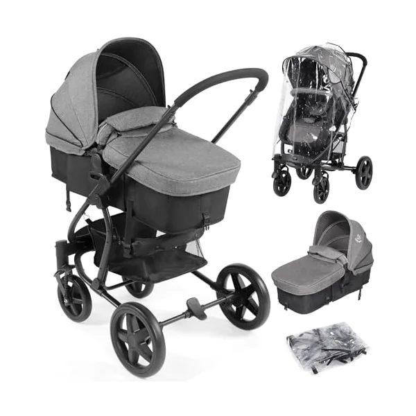 Hadwin Pram 2-in-1 Travel System, Foldable Baby Pushchair with Rain Cover, Reclinable Reversible Pushchair Seat from Birth, Buggy with Lying Function for Newborn to Toddler-Black & Grey