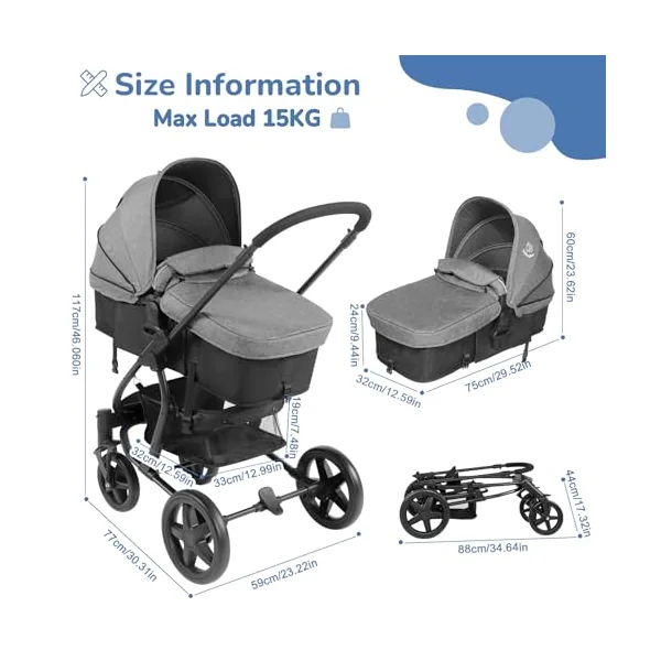 Hadwin Pram 2-in-1 Travel System, Foldable Baby Pushchair with Rain Cover, Reclinable Reversible Pushchair Seat from Birth, Buggy with Lying Function for Newborn to Toddler-Black & Grey