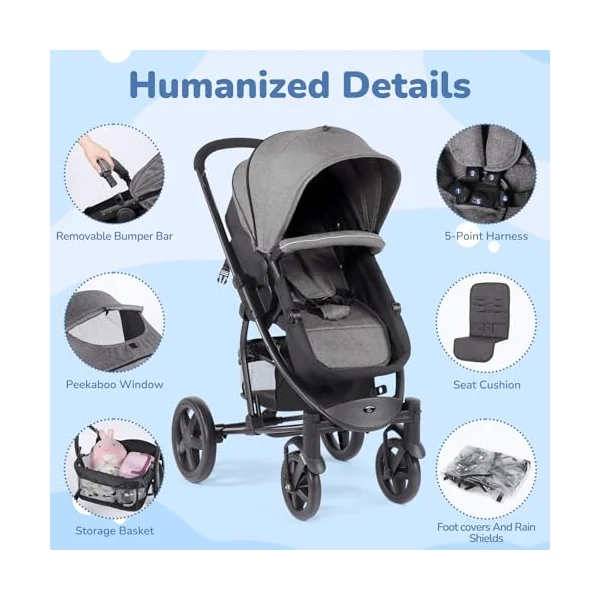 Hadwin Pram 2-in-1 Travel System, Foldable Baby Pushchair with Rain Cover, Reclinable Reversible Pushchair Seat from Birth, Buggy with Lying Function for Newborn to Toddler-Black & Grey