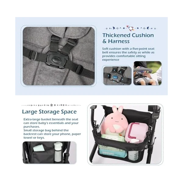 Hadwin Pram 2-in-1 Travel System, Foldable Baby Pushchair with Rain Cover, Reclinable Reversible Pushchair Seat from Birth, Buggy with Lying Function for Newborn to Toddler-Black & Grey