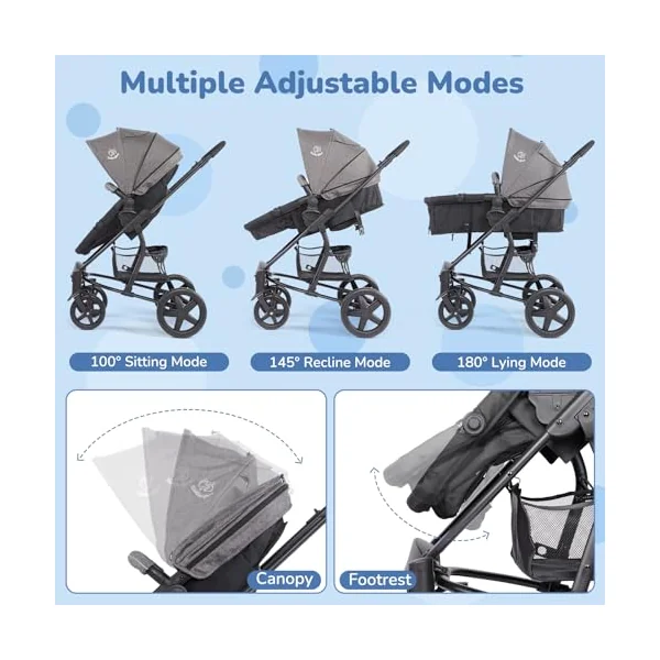 Hadwin Pram 2-in-1 Travel System, Foldable Baby Pushchair with Rain Cover, Reclinable Reversible Pushchair Seat from Birth, Buggy with Lying Function for Newborn to Toddler-Black & Grey