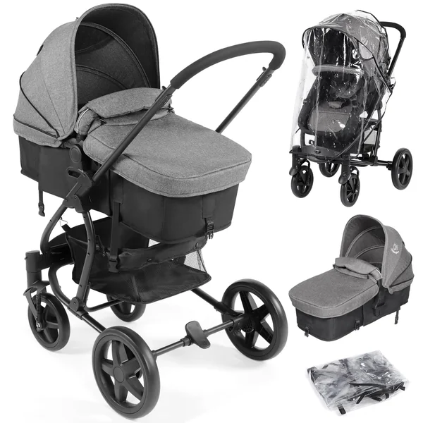 Hadwin Pram 2-in-1 Travel System, Foldable Baby Pushchair with Rain Cover, Reclinable Reversible Pushchair Seat from Birth, Buggy with Lying Function for Newborn to Toddler-Black & Grey