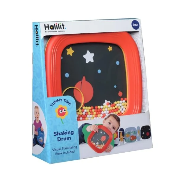 Halilit Baby Tummy Time Shaking Drum – Musical Sensory Toy for Infants 3 Months+ | Includes Tummy-Time Booklet | Develops Motor Skills, Rhythm & Coordination | BPA-Free | Colours May Vary