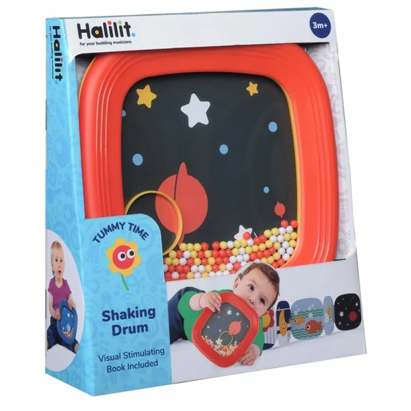 Halilit Baby Tummy Time Shaking Drum – Musical Sensory Toy for Infants 3 Months+ | Includes Tummy-Time Booklet | Develops Motor Skills, Rhythm & Coordination | BPA-Free | Colours May Vary