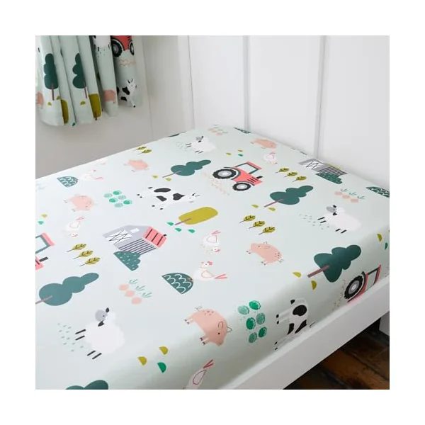 Happy Linen Company Girls Boys Kids Barn Yard Farm Green Toddler Cot Bed Fitted Sheet Bedsheet Bedding Bed Linen