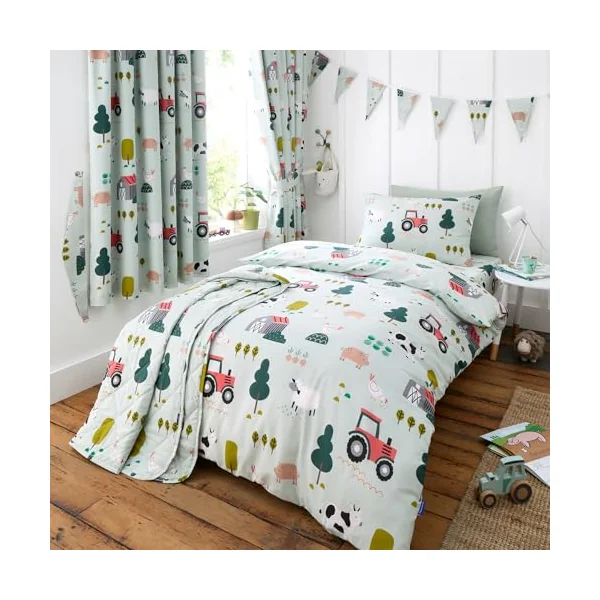 Happy Linen Company Girls Boys Kids Barn Yard Farm Green Toddler Cot Bed Fitted Sheet Bedsheet Bedding Bed Linen