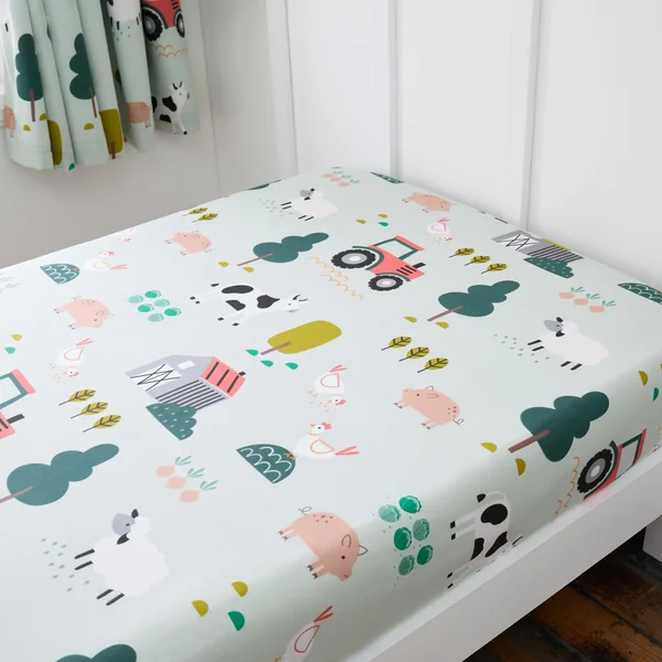 Happy Linen Company Girls Boys Kids Barn Yard Farm Green Toddler Cot Bed Fitted Sheet Bedsheet Bedding Bed Linen