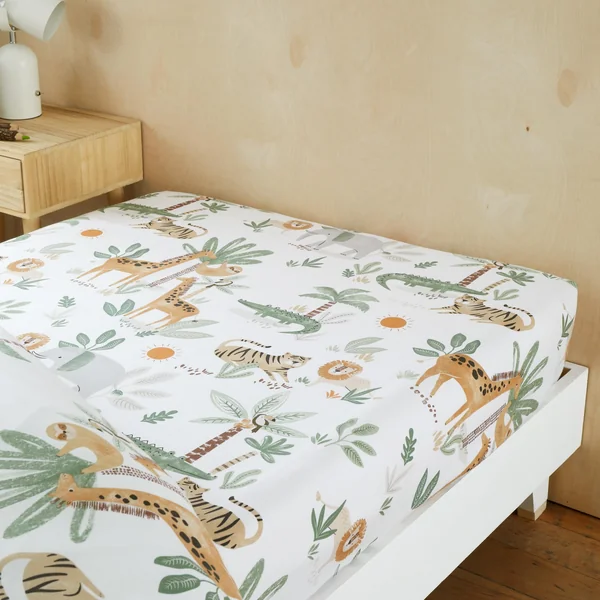 Happy Linen Company Girls Boys Kids Jungle Safari Animals Ivory Toddler Cot Bed Fitted Sheet Bedsheet Bedding Bed Linen
