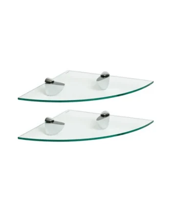 Harbour Housewares 2x Floating Glass Corner Shelves - 30cm - Silver Brackets - Bathroom Shower Storage Vanity Display Unit Shelf
